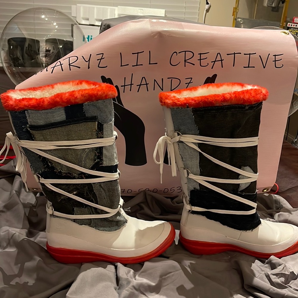 Red And White Custom Jean Patchwork Timberland Bo… - image 1